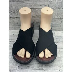 BZees Desire Black Sandals Elastic Cross Over Straps Slip‎ On Wedges Women Sz 9M